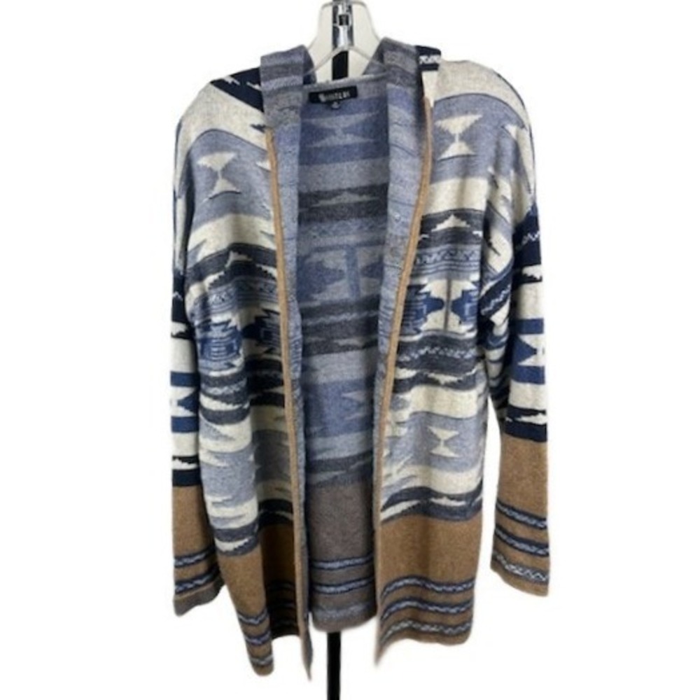 ii Sisters Hooded Blue Aztec Print Open Cardigan Sweater Western Size Medium‎